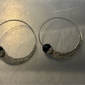 Silver Hoop Earrings with Black Onyx Accent